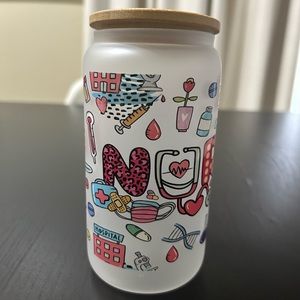 Frosted Can Shaped Glass Cup with Bamboo Lid and plastic Straw BPA-Free .16
OZ